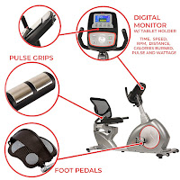 Sunny Health & Fitness SF-RB4880 Recumbent Bike's features including digital monitor, pulse grip heart-rate sensors, self-leveling pedals
