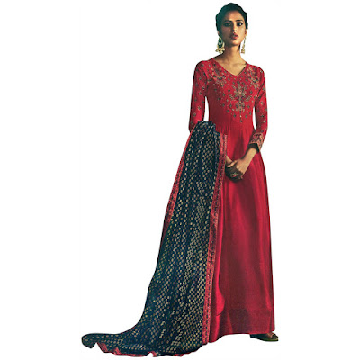 Line Suit with Zari Embroidery and Printed Dupatta