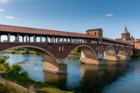 The covered bridge over the Ticino river in Pavia was rebuilt after being destroyed in the Second World War