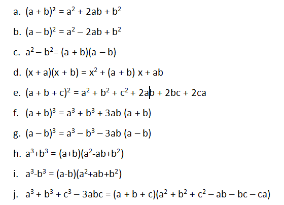Class 9th Maths Formula sheet Polynomial