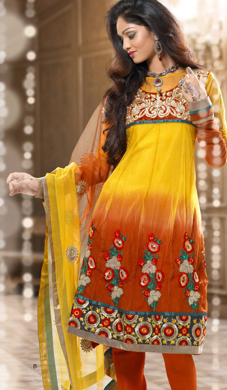 Indian Salwar Kameez: Red and Yellow Net Churidar Kameez with Dupatta