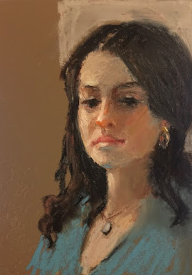 woman, blue dress, black hair, oil pastel, portrait