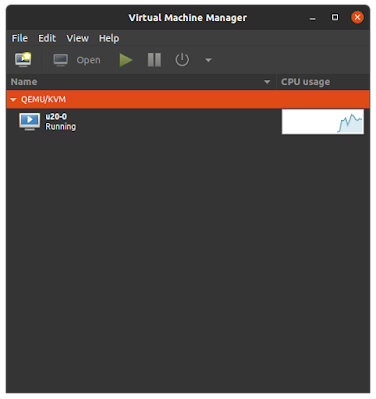 the "virtual machine manager" main window showing the new "u20-0" VM and it's status of "running"