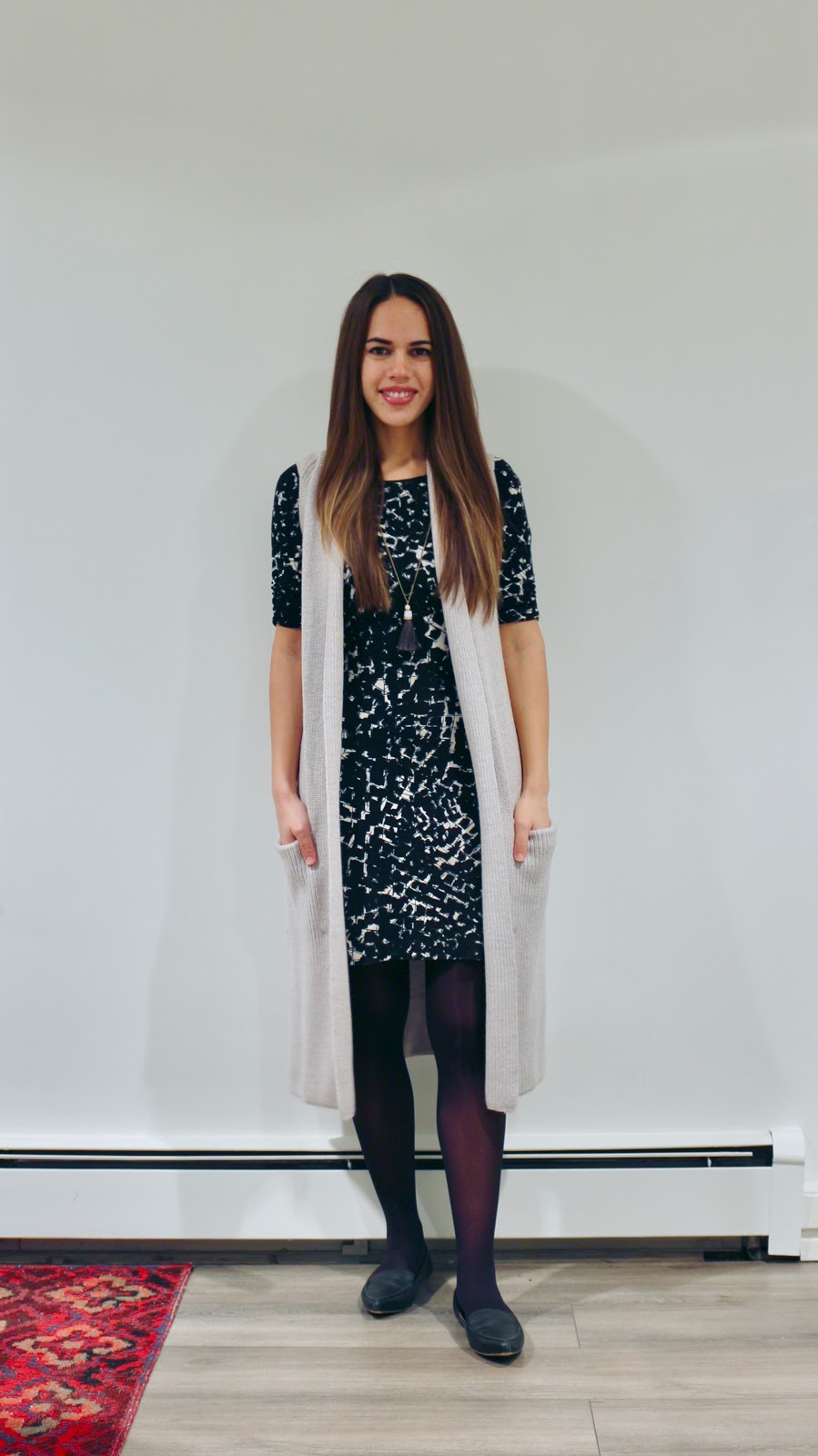 Jules in Flats - Patterned Sheath Dress with Wilfred Olivie Sweater Vest (Business Casual Winter Workwear on a Budget)