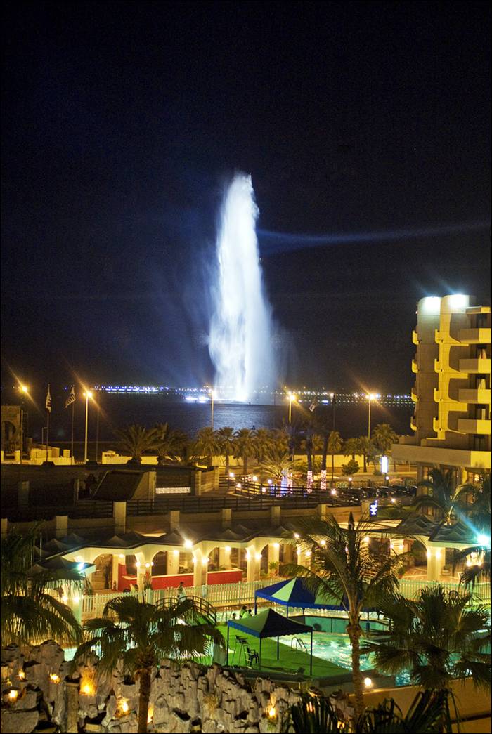 King Fahd's Fountain, also known as the Jeddah Fountain, is the tallest of its type of fountain in the world. Located in the coast of Jeddah, west coast of Kingdom of Saudi Arabia. The fountain jets water 1,024 feet (312 m) above the Red Sea. It was donated to the city of Jeddah by King Fahd, hence its name. The fountain is visible throughout the entire vicinity of Jeddah. The water it ejects can reach a speed of 375 kilometres (233 mi) per hour and its airborne mass can exceed 18 tons. It was constructed between 1980 and 1983 and began operating in 1985. The fountain uses saltwater taken from the Red Sea instead of freshwater. It uses over 500 spotlights to illuminate the fountain at night.