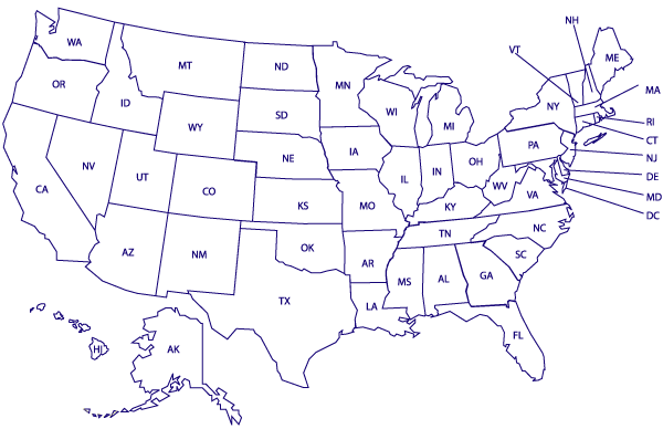Black and white printable map of USA with state name abbreviations labelled.