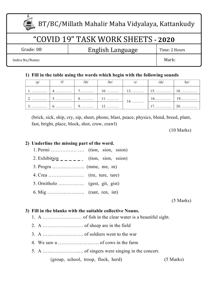 Grade 8_English_2020_COVID 19 Task Work Sheet_BT/BC/Millathth MMV ...