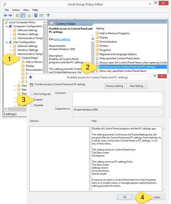 Restreindre l'accès au Panneau de configuration