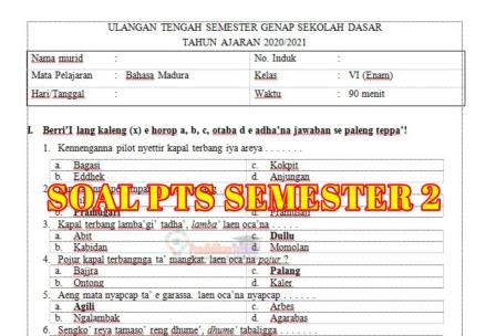 Soal Uts Pts Bahasa Madura Kelas 6 Semester 2 Dan Kunci Jawaban Pendidikanterkini