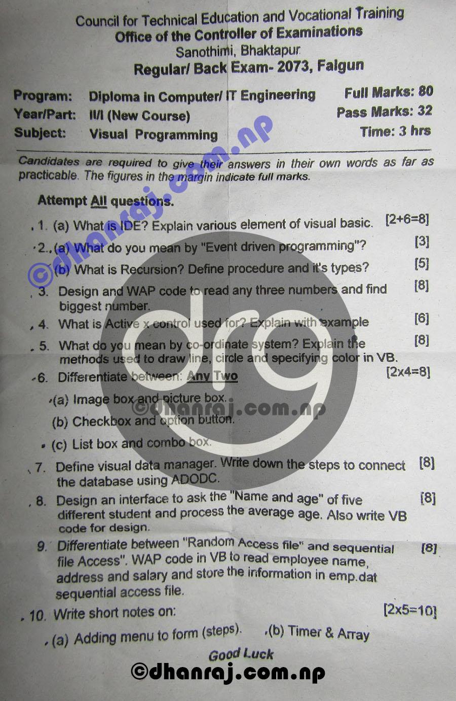 Visual Programming | Question Paper 2073 | CTEVT Diploma | 2nd Year/1st ...