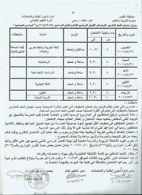 جدول امتحانات الصف الخامس الأبتدائي 2023 محافظة الأقصر الترم الثاني " آخر العام "