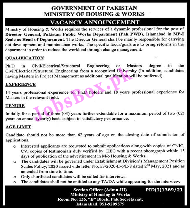 Ministry of Housing and Works Pakistan Jobs 2021