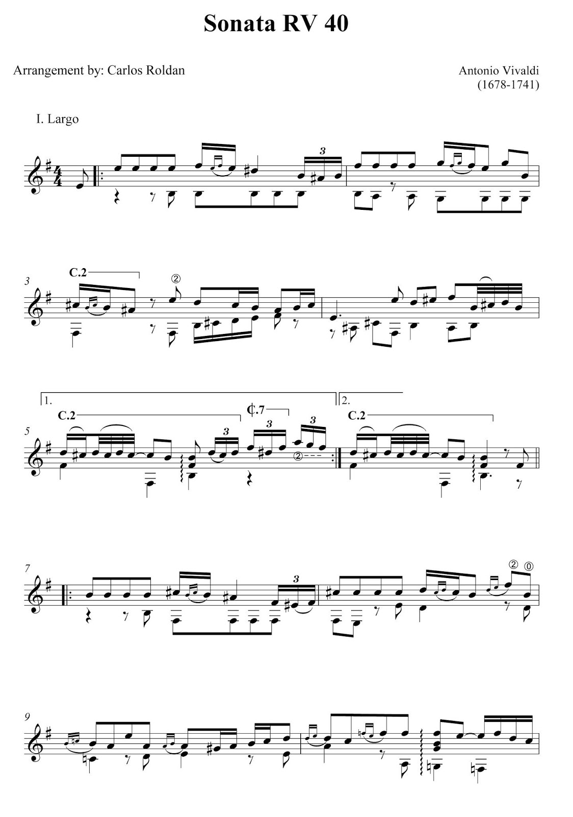 VIVALDI Sonata RV 40 (for solo guitar) / PDF available Baroque Music