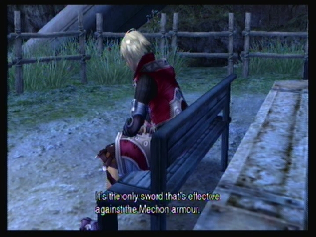 Shulk sits on a bench talking quietly to himself: 'It's the only sword that's effective against the Mechon armour'