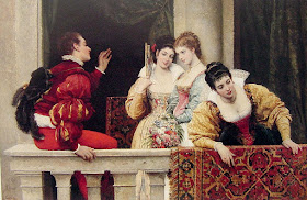 Beautiful young women and handsome suitors would often feature in De Blaas's work, as with On the Balcony (1877)