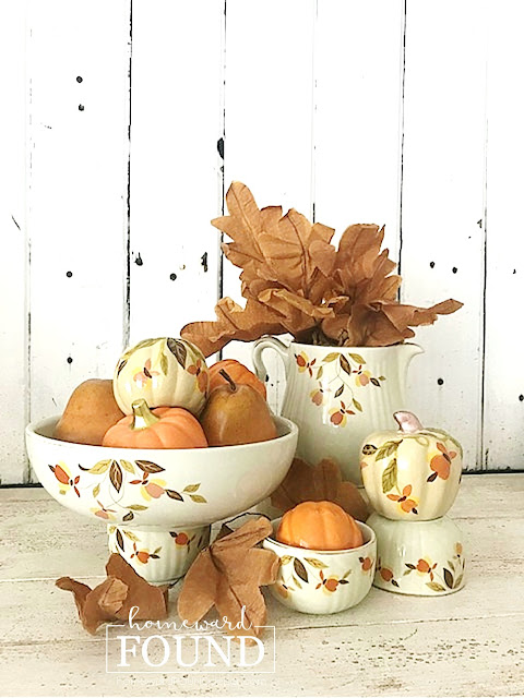 fall, autumn, fall decorating, autumn decorating, fall home decor, autumn home decor, thanksgiving decor, painting, painted pumpkins, pumpkins, pumpkin decor, pumpkin decorating, no-carve pumpkin decor, vintage style, farmhouse style, vintage jewel tea china, vintage hall china, fall leaves, diy, diy home decor, entertaining, thanksgiving.