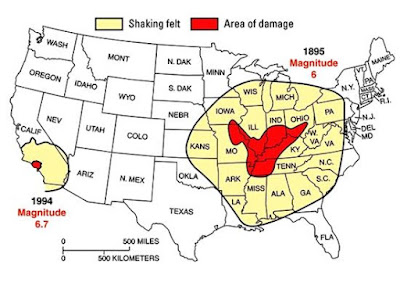 New Madrid Seismic Zone, depicting area of damage and extent of shaking felt
