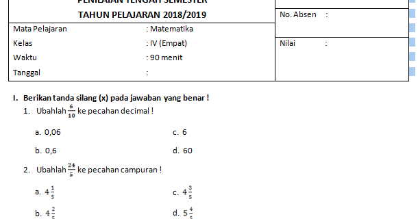 Soal Pts Matematika Kelas 4 Semester 1 Dan 2 K13 Beserta Kunci Jawaban Edisi 2019 Info Pendidikan Terbaru