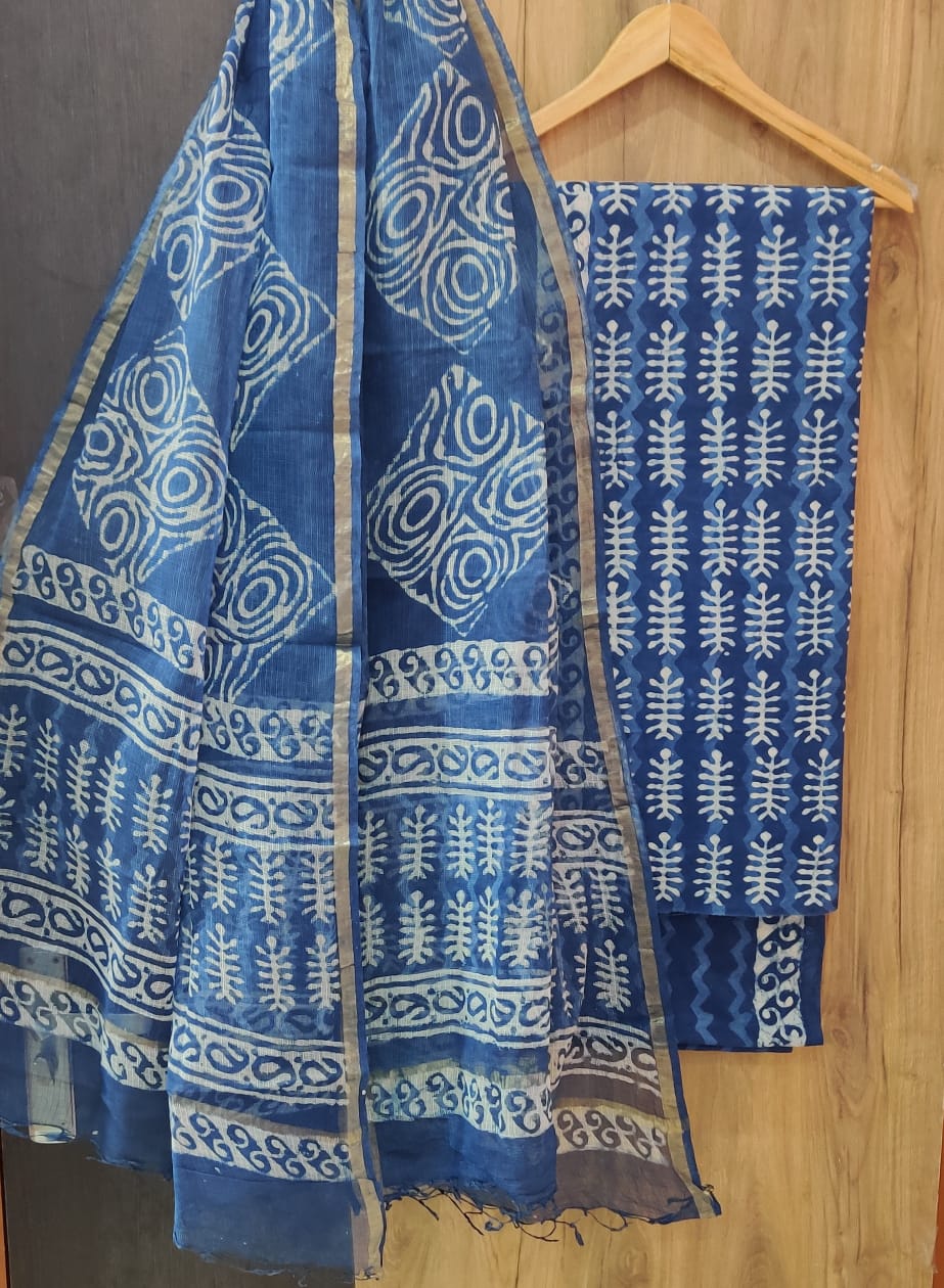 Block print cotton suits with kota dhupatta