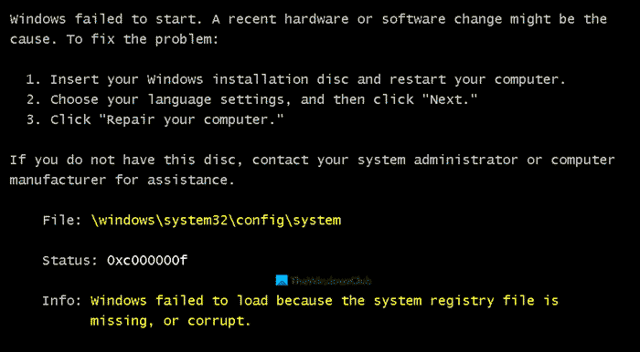 Windows no se pudo cargar porque falta el archivo de registro del sistema o está dañado