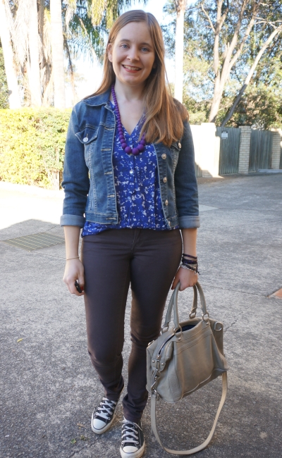 purple denim jacket outfit