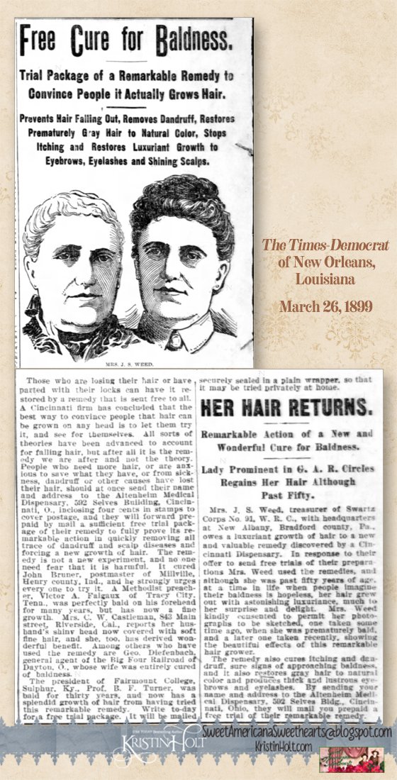 Kristin Holt | "Free Cure for Baldness: Trial package of a Remarkable Remedy..." advertized in The Times-Democrat of New Orleans, LA on March 26, 1899.