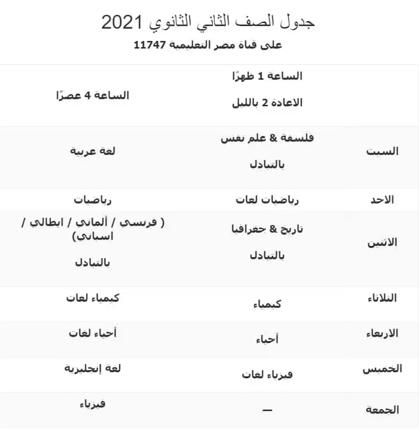 جدول مواعيد قناة مصر التعليمية 2020-2021 الصف الثانى الثانوي 2021 جدول مواعيد قناة مصر التعليمية 2020-2021 الصف الثانى الثانوي 2021