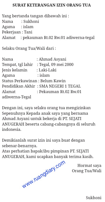 Contoh Surat Izin Orang Tua Untuk Melamar Kerja Di Pt