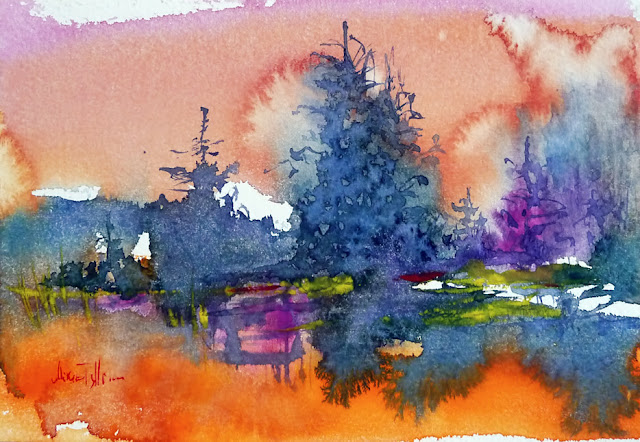 autumn sunset watercolor painting by Mikko Tyllinen