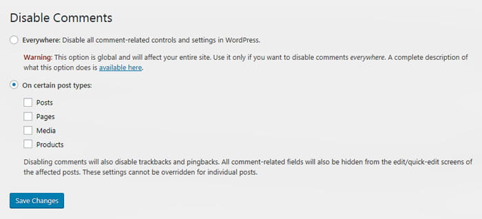 Disable Comments setting Screenshot Disable Comments settings