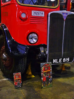 Plein air oil painting of the vintage red London 'AEC Routemaster' doubledecker bus at the Sydney Bus Museum by industrial heritage artist Jane Bennett