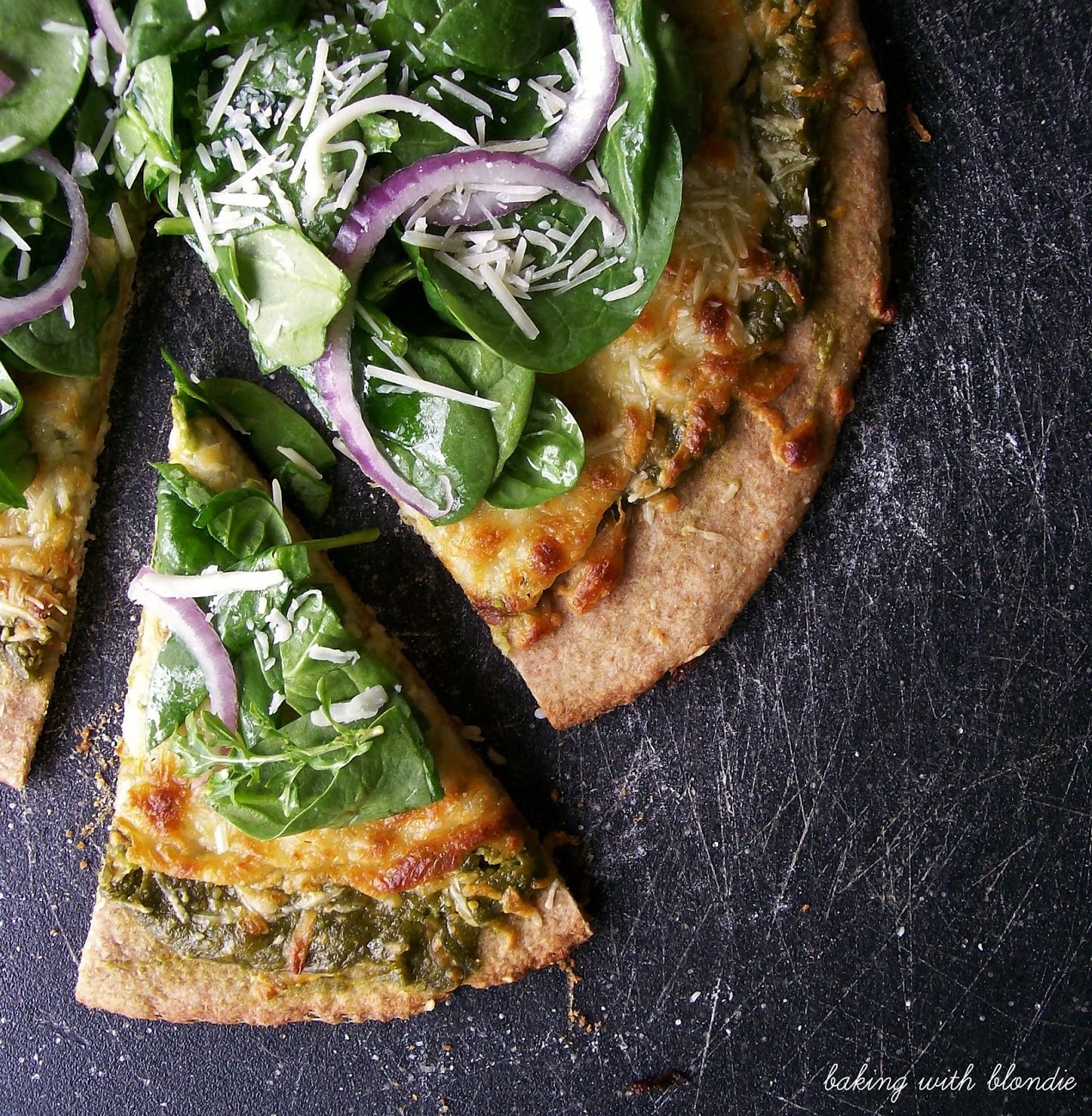 Spinach Pesto Pizza with Mixed Greens