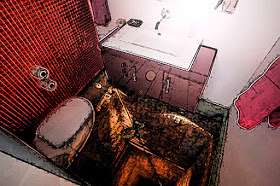 A disorientating digitally altered photo  looking down into an empty toilet cubicle