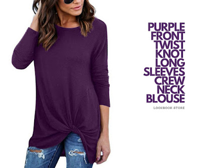 Lookbook Store Purple Front Twist Knot Long Sleeves Crew Neck Blouse