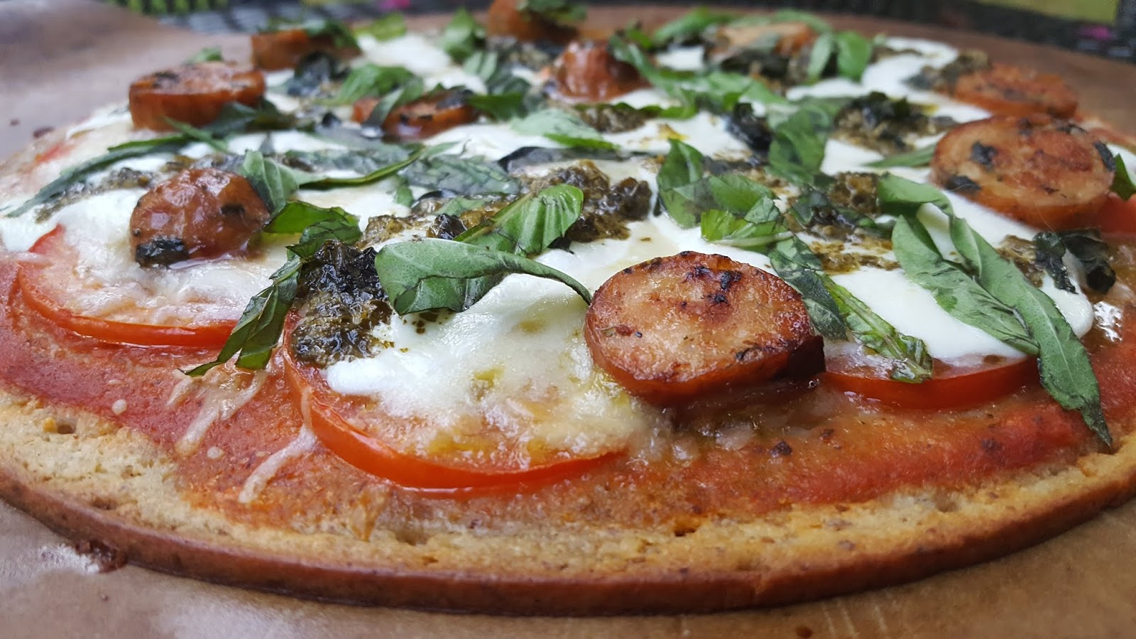 Margherita Pizza with Sausage and Pesto