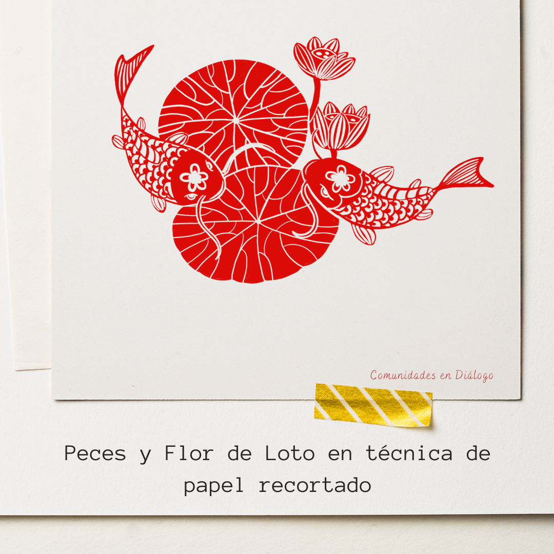 Dibujo de peces y flor de loto en la técnica de papel recortado.