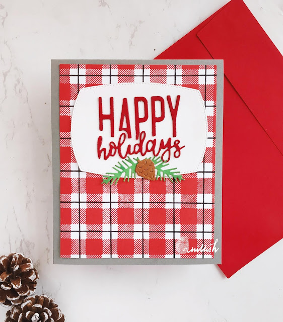 TO, Concord & 9th plaid background, Concord and 9th happy holiays label dies, Christmas card, die cutting, quillish