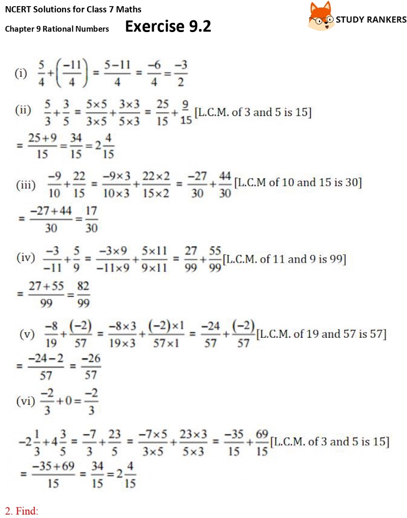 NCERT Solutions for Class 7 Maths Ch 9 Rational Numbers Exercise 9.2 2