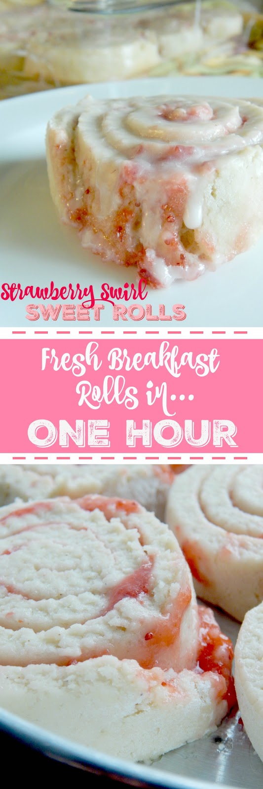 Strawberry Swirl Sweet Rolls...ready in ONE HOUR!  Sweet strawberry jam, filled into between soft dough, then glazed with a sweet almond frosting! (sweetandsavoryfood.com)