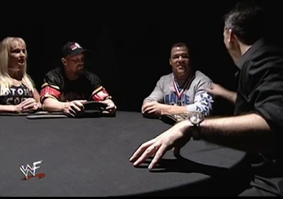 WWE / WWF Rebellion 2001 - Debra, Steve Austin, Kurt Angle, and Shane McMahon talk strategy