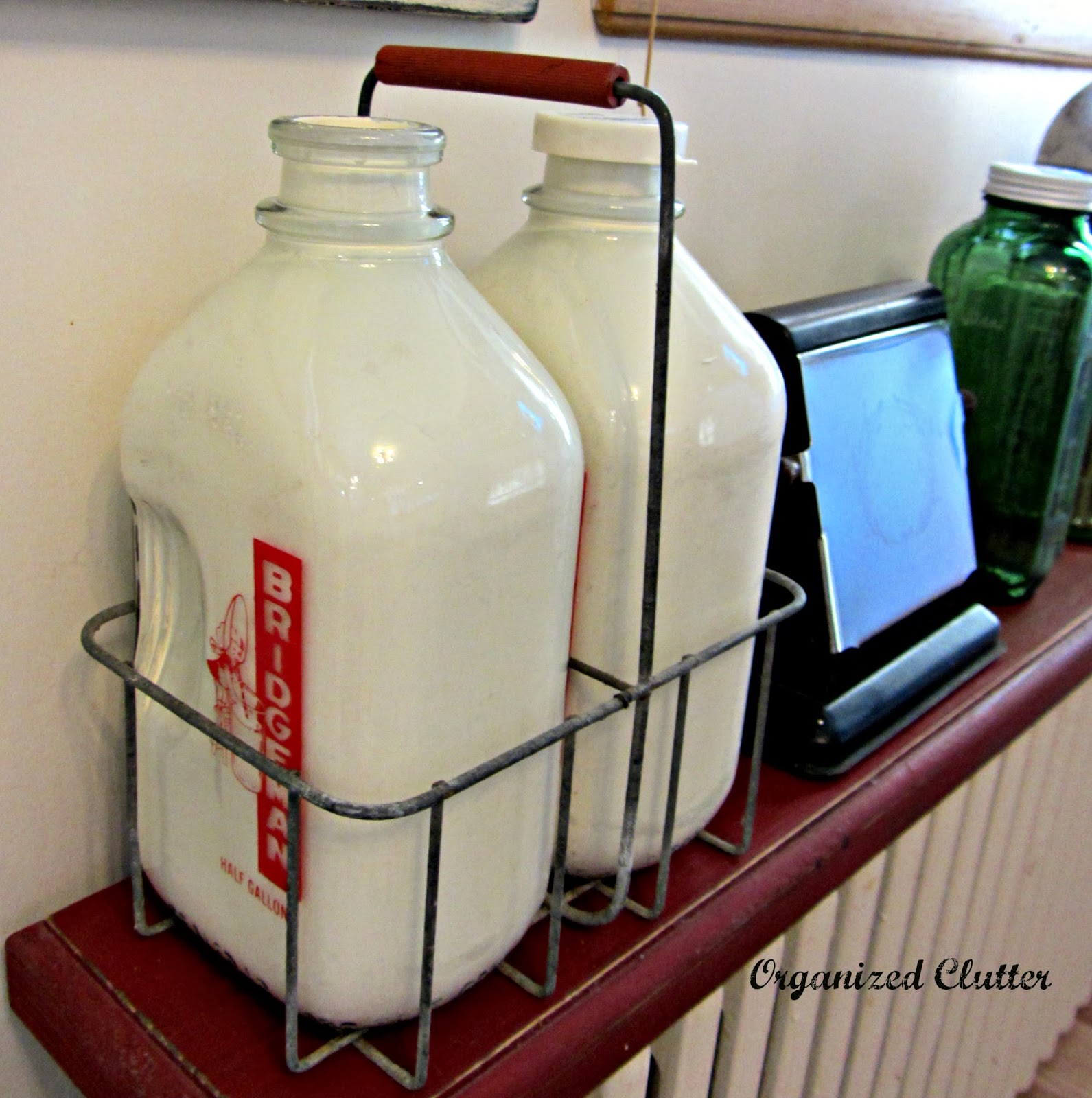 Vintage Milk Bottles & Carrier with Inside Painted with Paint www.organizedclutterqueen.blogspot.com