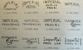 Years of production by logo for Imperial and Hammer Brand knives.