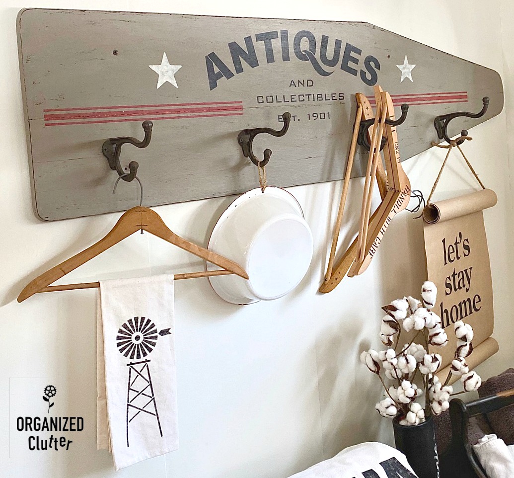 Ironing Board Repurpose with Old Sign Stencils & Plaid Layering Block