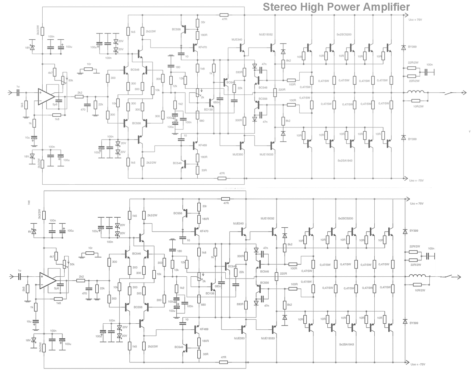 Stereo High Power Audio Amplifier - Electronic Circuit