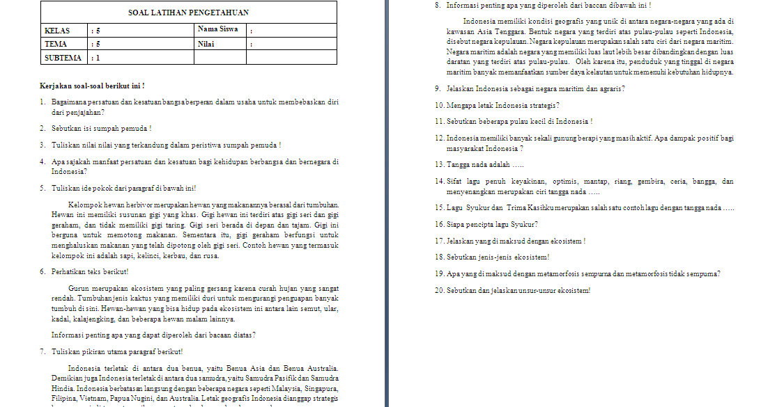 Soal Ulangan Ukk Kelas 5 - Soal Ujian Kenaikan Kelas (UKK) / Ulangan