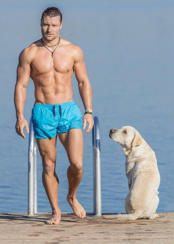 attractive-bare-chest-muscle-daddy-abs-pecs-wet-body-masculine-man-white-dog-pet