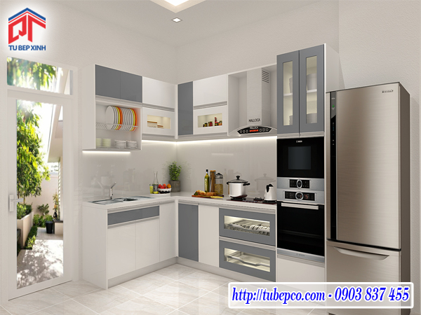 tủ bếp phối màu trắng xam, tủ bếp hiện đại, tủ bếp gia đình