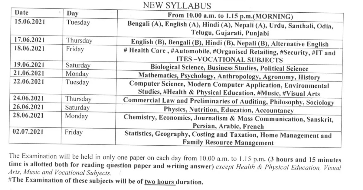 Examination Programme for Higher Secondary 2021 WBCHSE