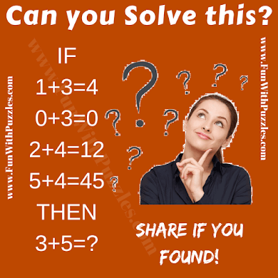 If 1+3=4, 0+3=0, 2+4=12, 5+4=45 Then 3+5=?. Can you solve this Fun Logic Puzzle for 8th Grade Teens Students?