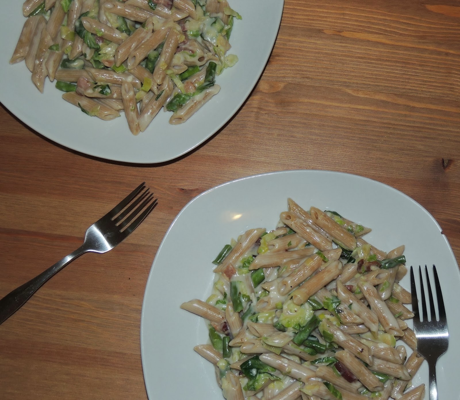 Gas Stove Girl Brussel Sprouts + Asparagus + Bacon Pasta with Gruyere Sauce